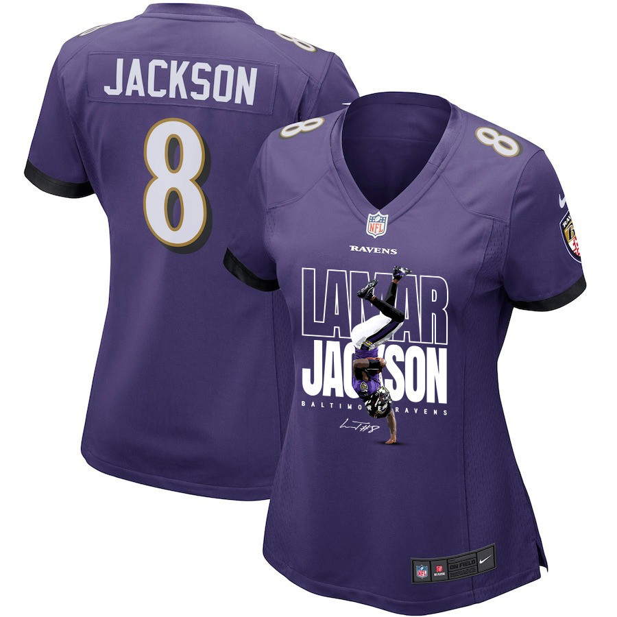 Lamar Jackson 8 Baltimore Ravens Lamar the Merrier Game Purple NFL Jersey Women's