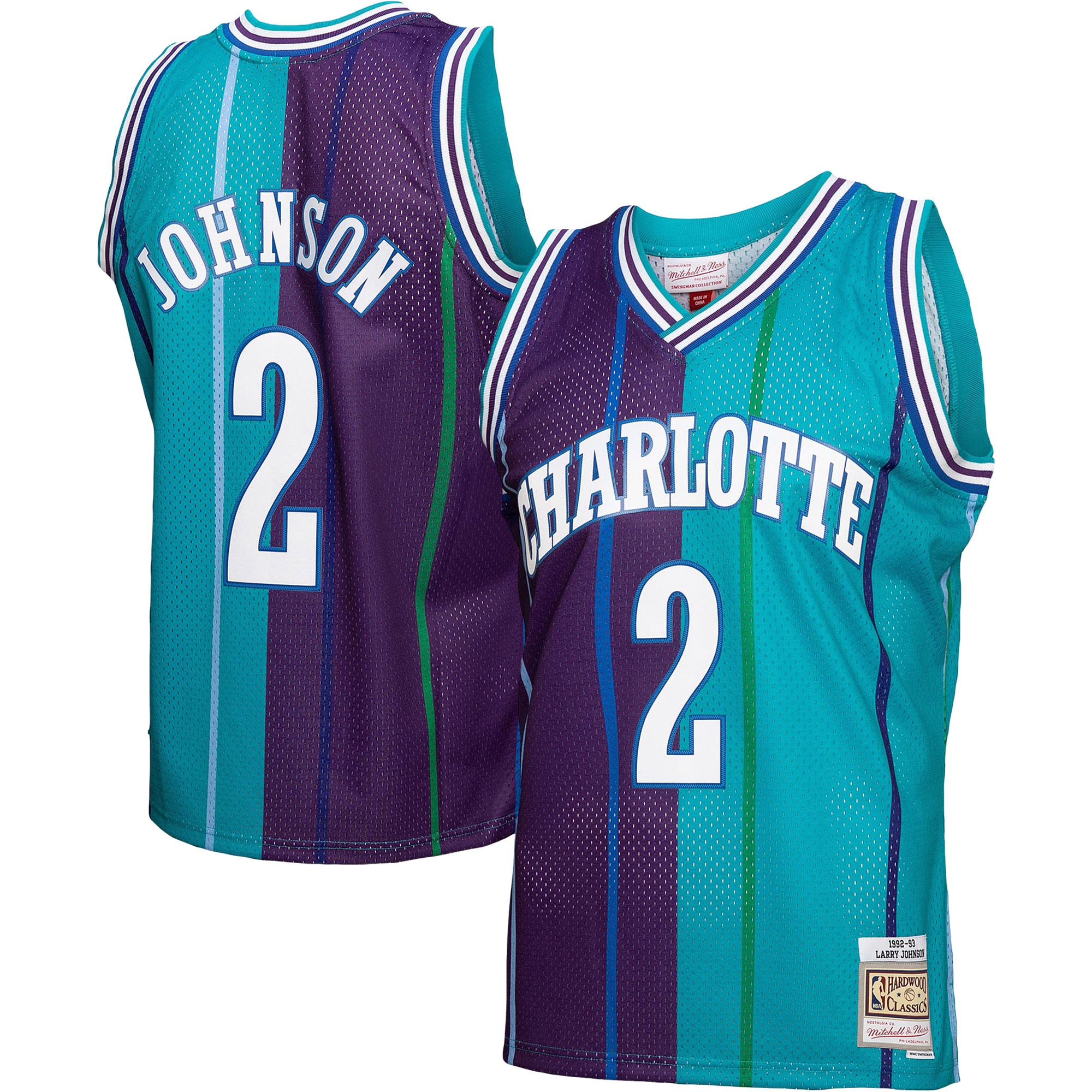 Mitchell Ness Larry Johnson Teal/Purple Charlotte Hornets Hardwood Classics 1992/93 Split Swingman NBA Jersey Men's