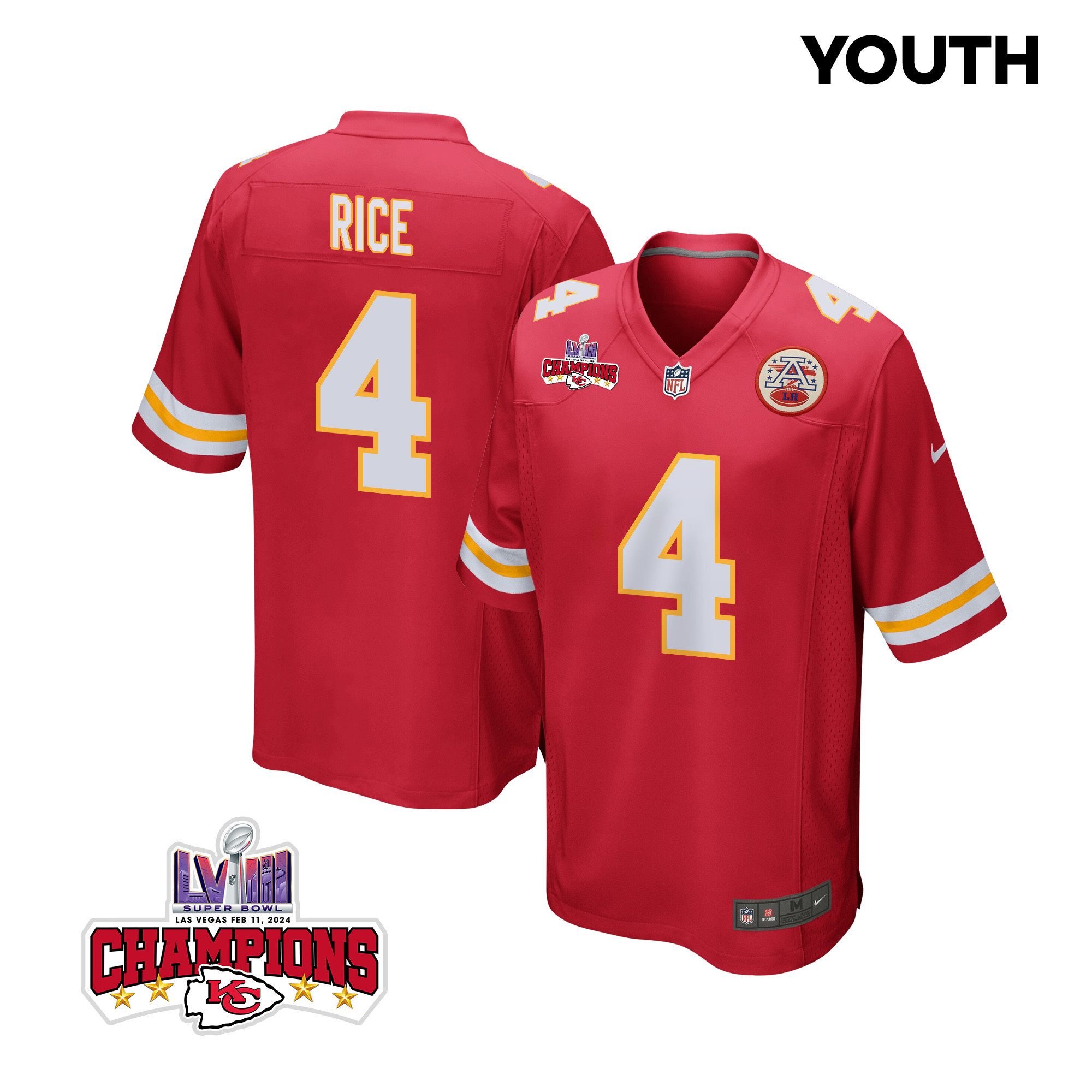 Rashee Rice 4 Kansas City Chiefs Super Bowl LVIII Champions 4 Stars Patch Game Red NFL Jersey Youth