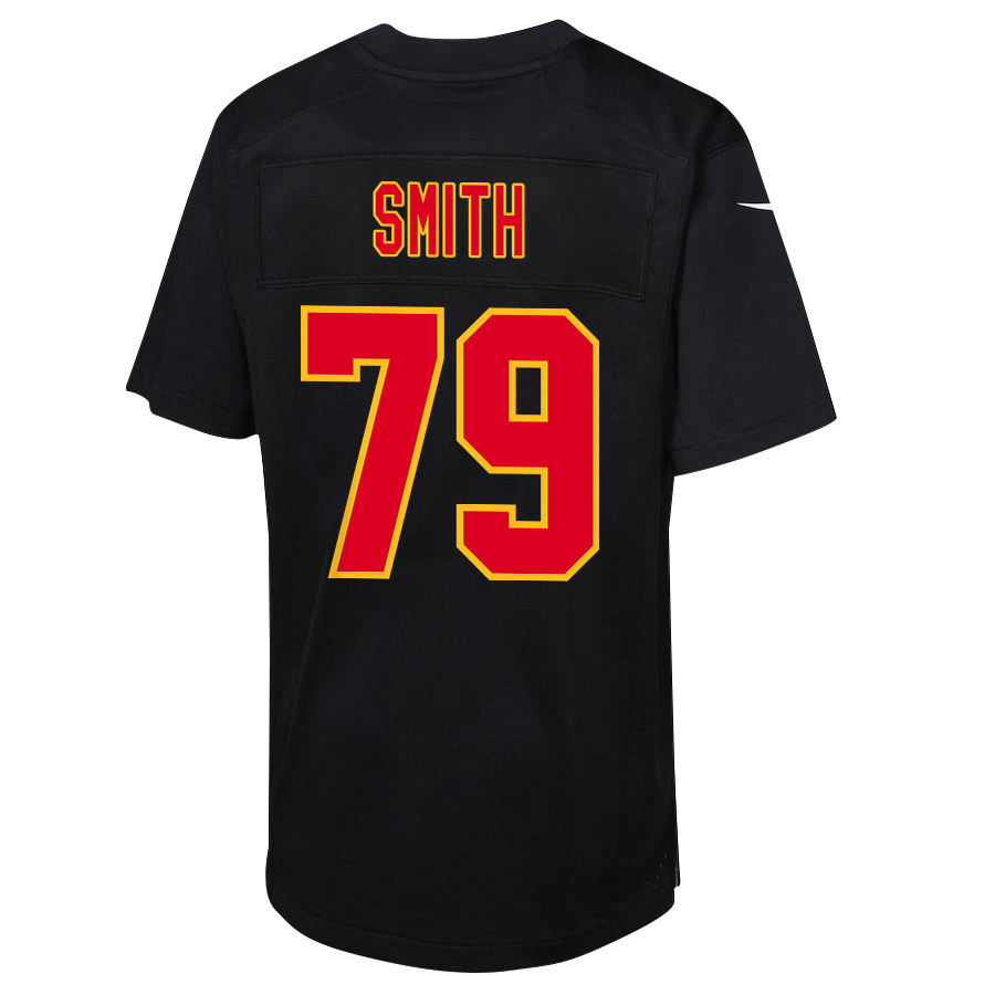 Donovan Smith 79 Kansas City Chiefs Super Bowl LVIII Champions 4 Stars Patch Fashion Game Carbon Black NFL Jersey Youth