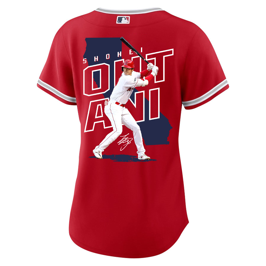 Shohei Ohtani 17 Los Angeles Angels Signed Map 2023 Alternate Player Red MLB Jersey Women's