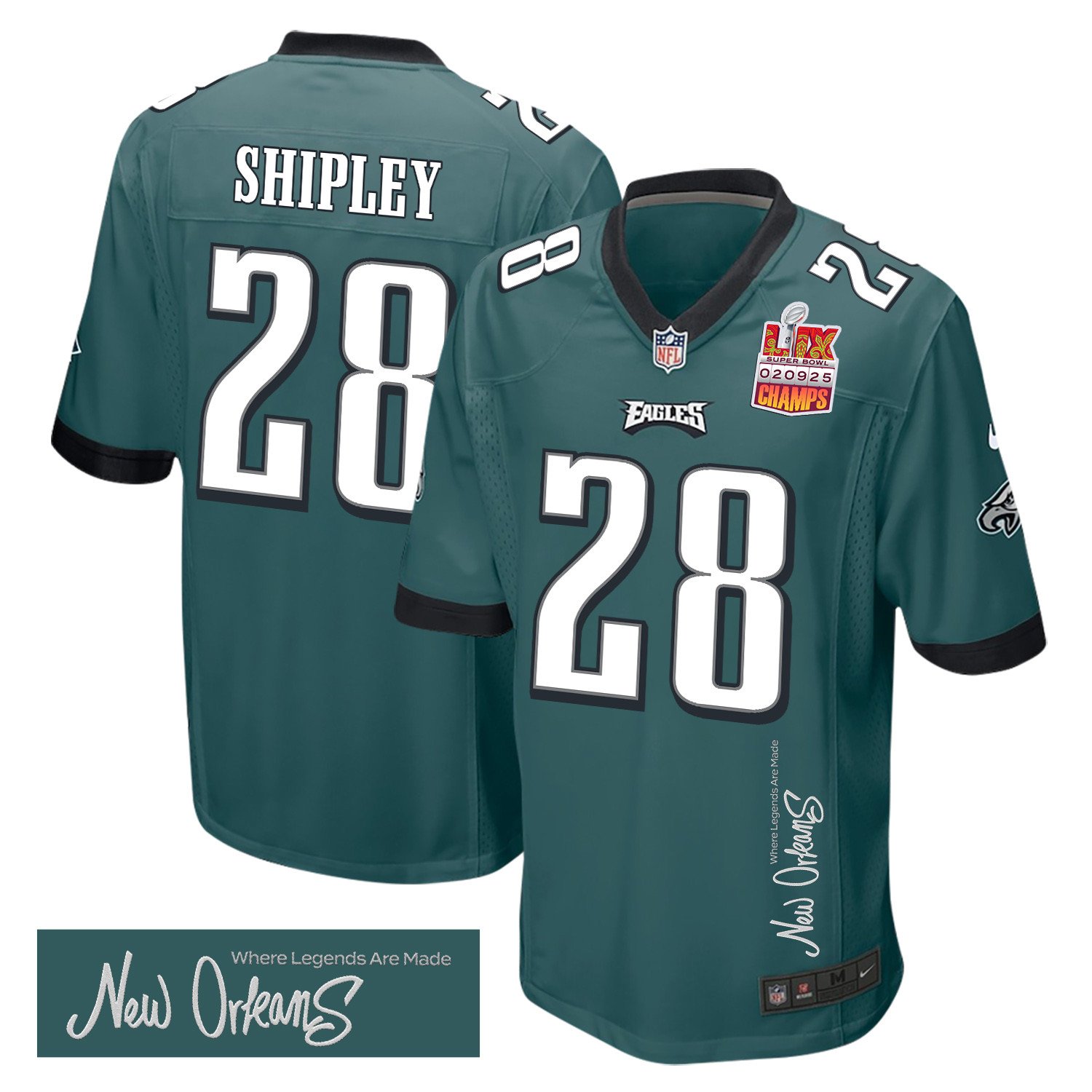 Will Shipley 28 Philadelphia Eagles Super Bowl LIX Champions Patch New Orleans Where Legends Are Made' EMBROIDERED Game Midnight Green NFL Jersey Men's