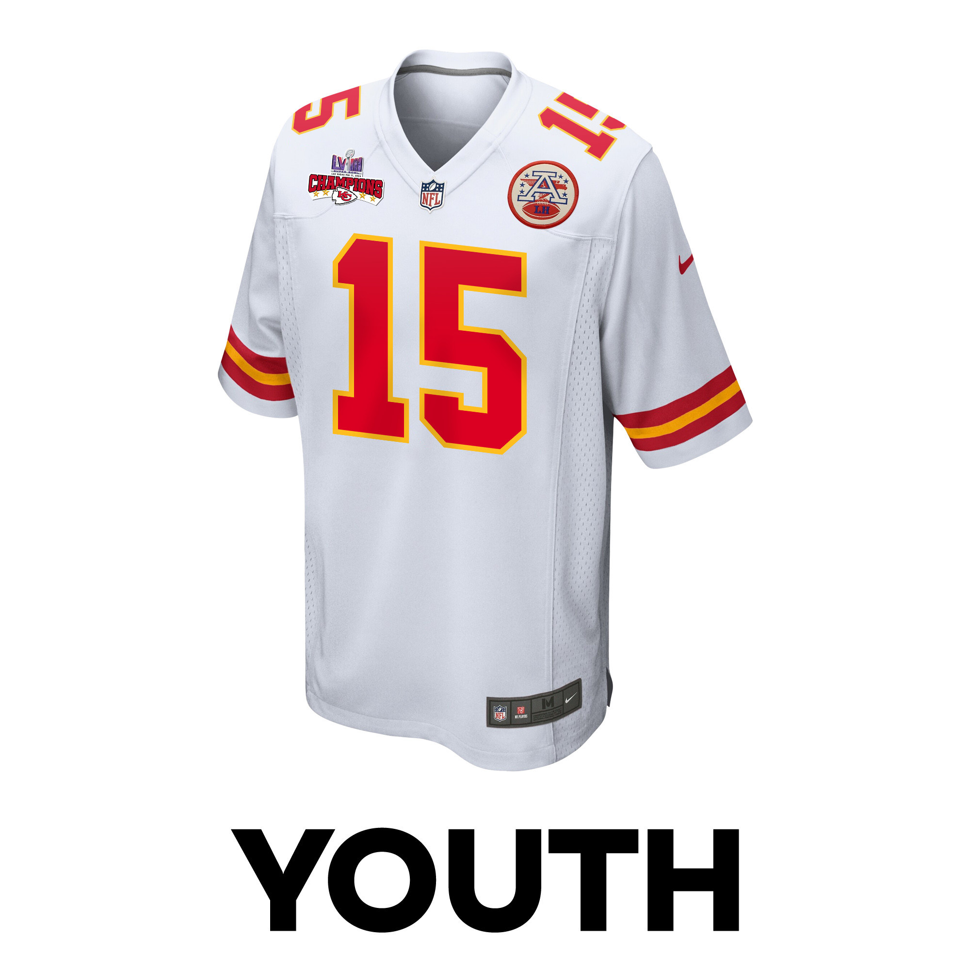 Patrick Mahomes 15 Kansas City Chiefs Super Bowl LVIII Champions 4 Stars Patch Game White NFL Jersey Youth