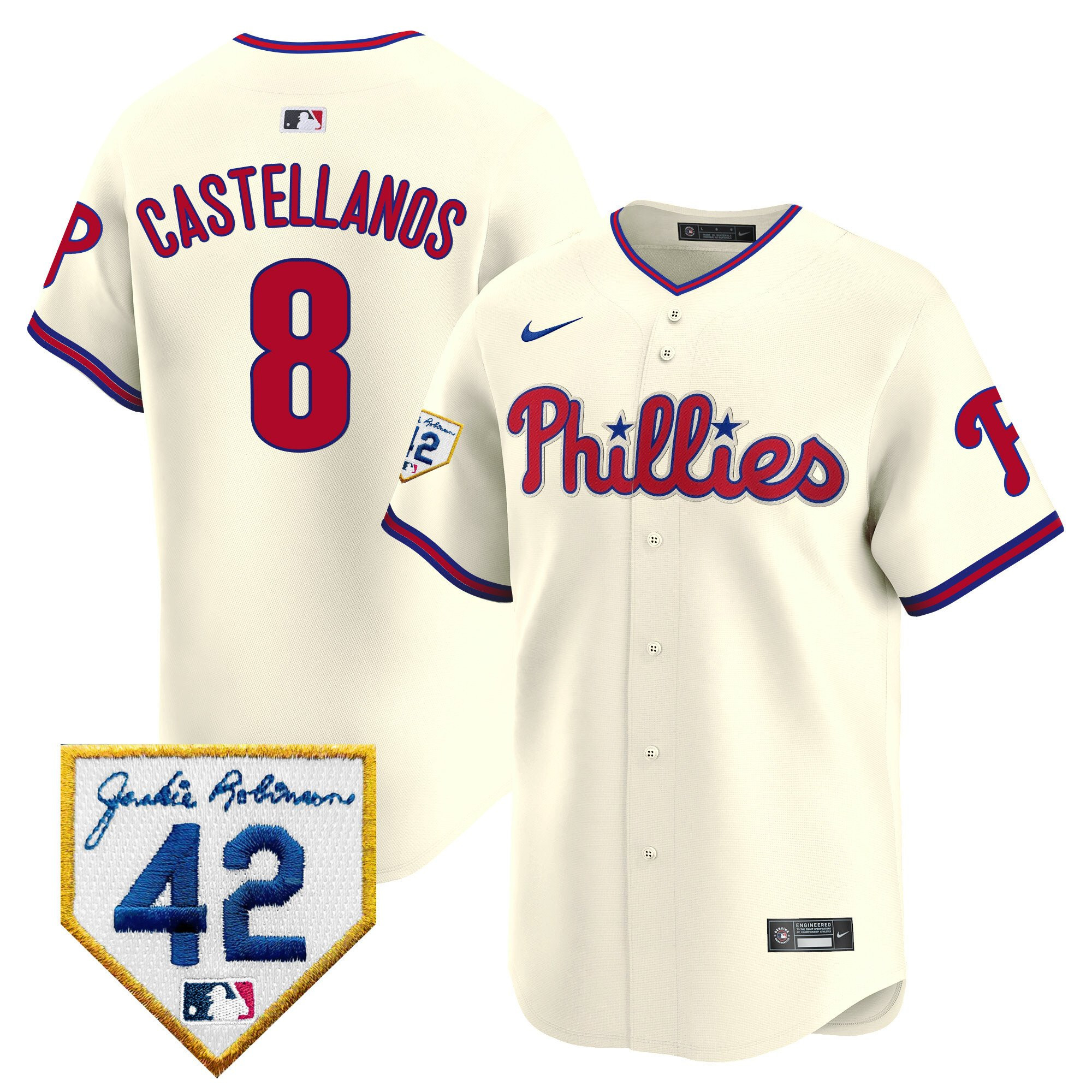 Nick Castellanos 8 Philadelphia Phillies 2024 Jackie Robinson Patch Cream MLB Jersey Men's