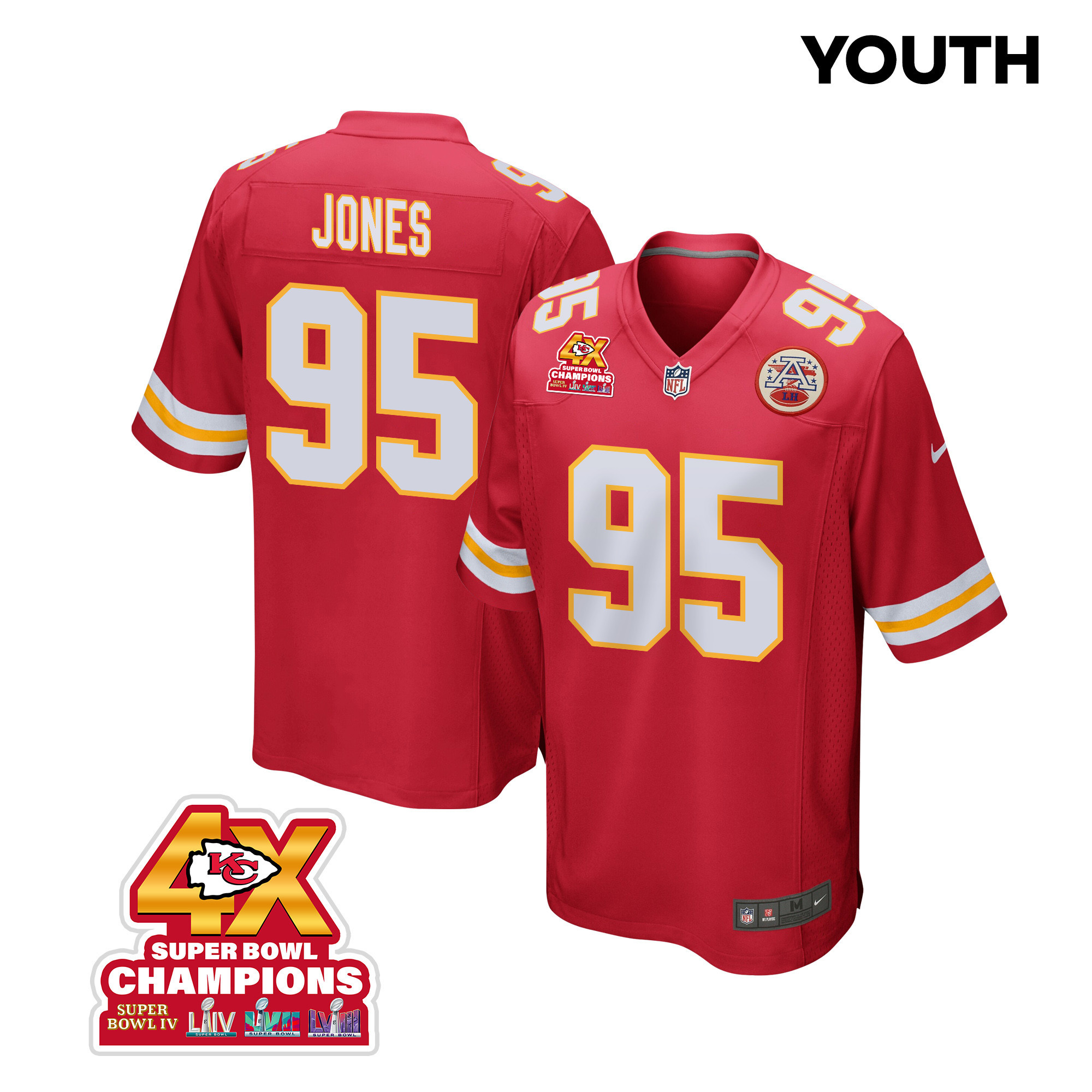 Chris Jones 95 Kansas City Chiefs Super Bowl LVIII Champions 4X Game Red NFL Jersey Youth
