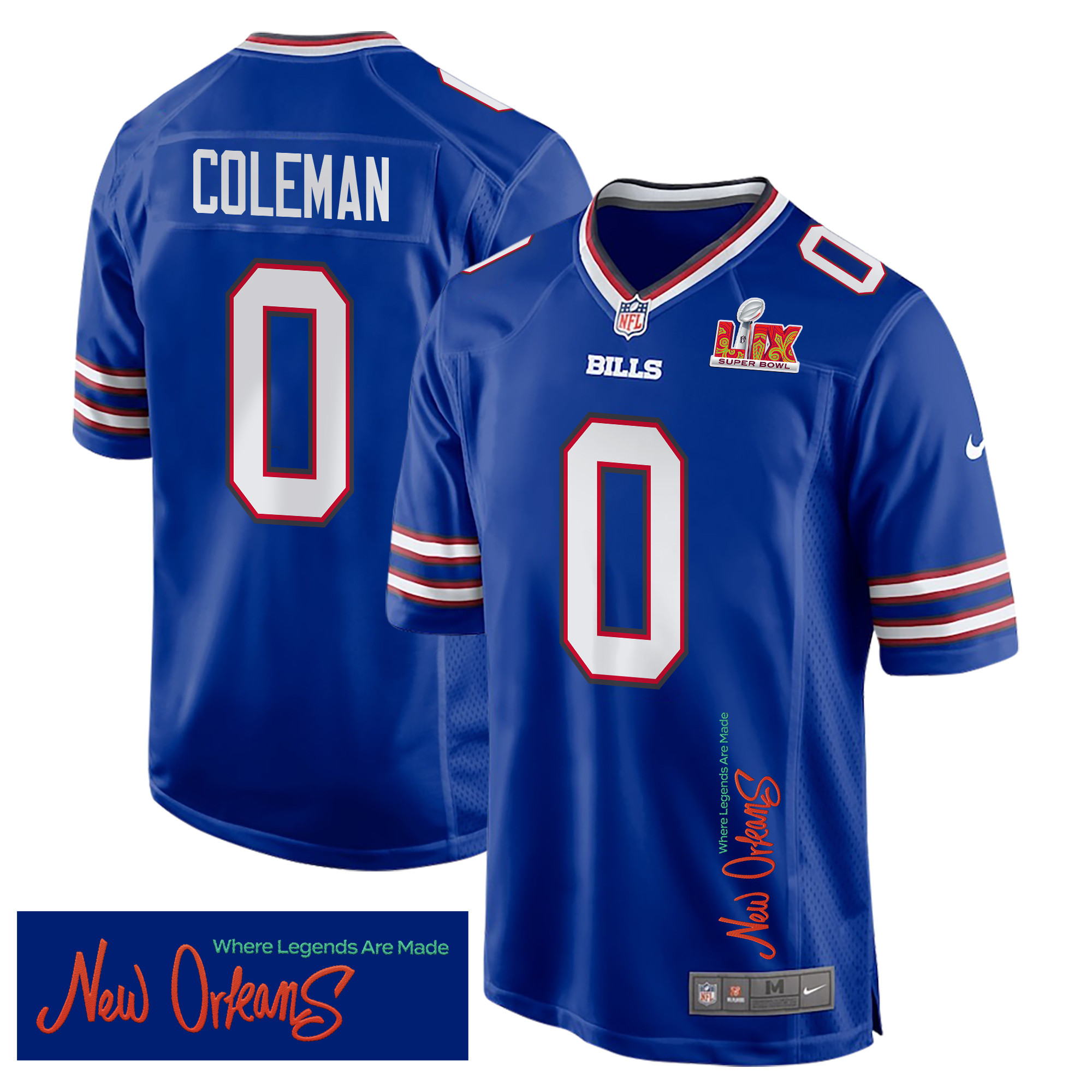 Keon Coleman 0 Buffalo Bills Super Bowl LIX New Orleans Where Legends Are Made' EMBROIDERED Game Royal NFL Jersey Men's