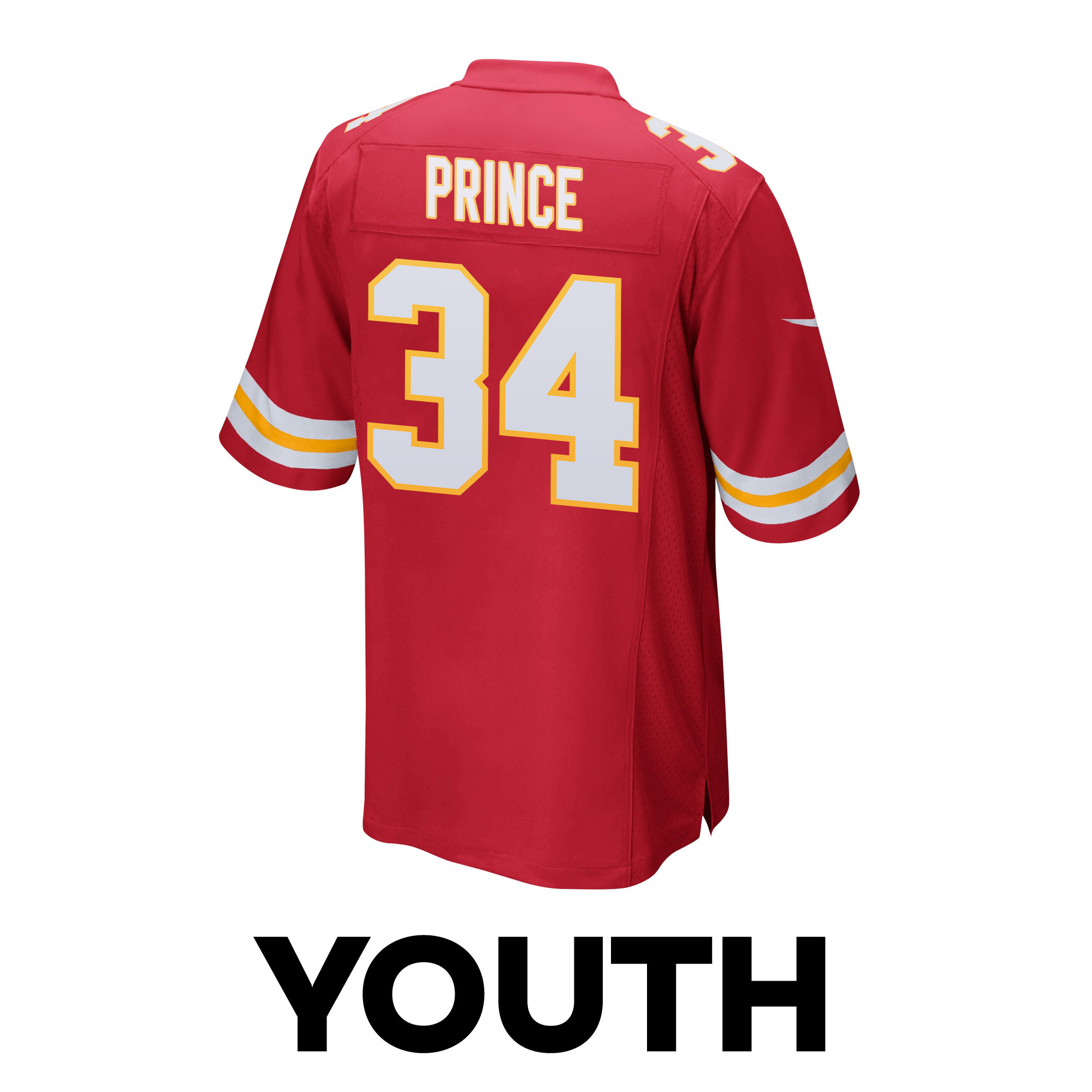Deneric Prince 34 Kansas City Chiefs Super Bowl LVIII Champions 4 Stars Patch Game Red NFL Jersey Youth