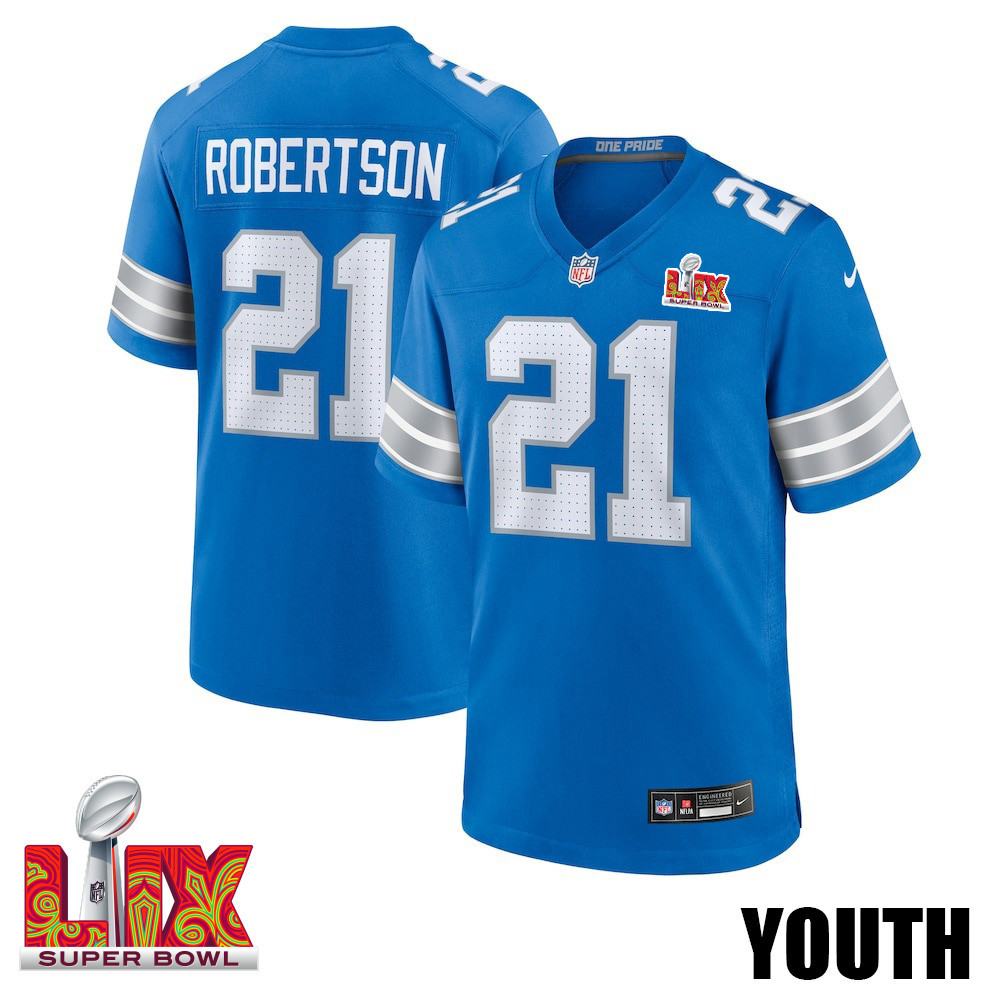 Amik Robertson #21 Detroit Lions Super Bowl LIX Blue NFL Jersey Youth