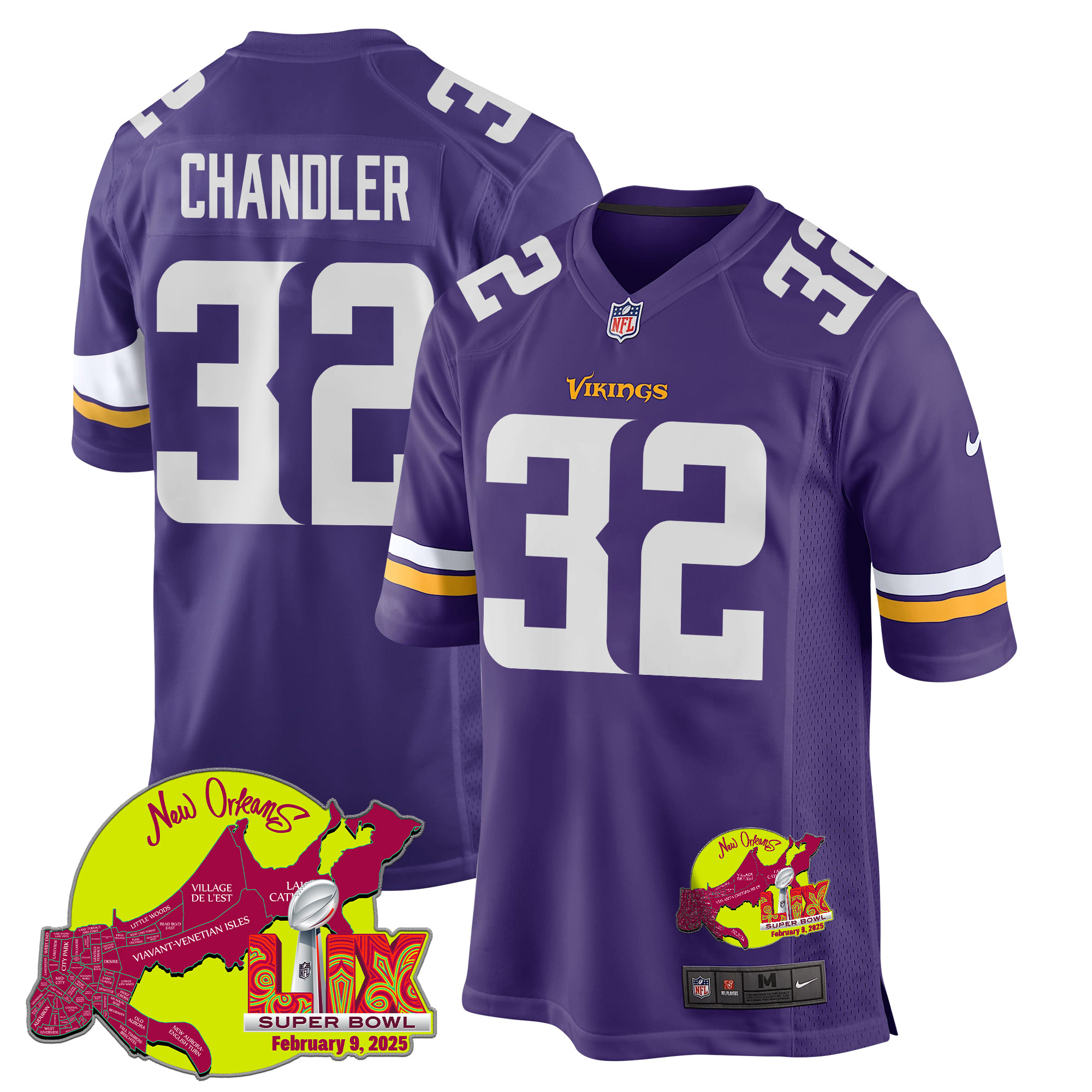 Ty Chandler 32 Minnesota Vikings Super Bowl LIX New Orleans Patch Game Purple NFL Jersey Men's