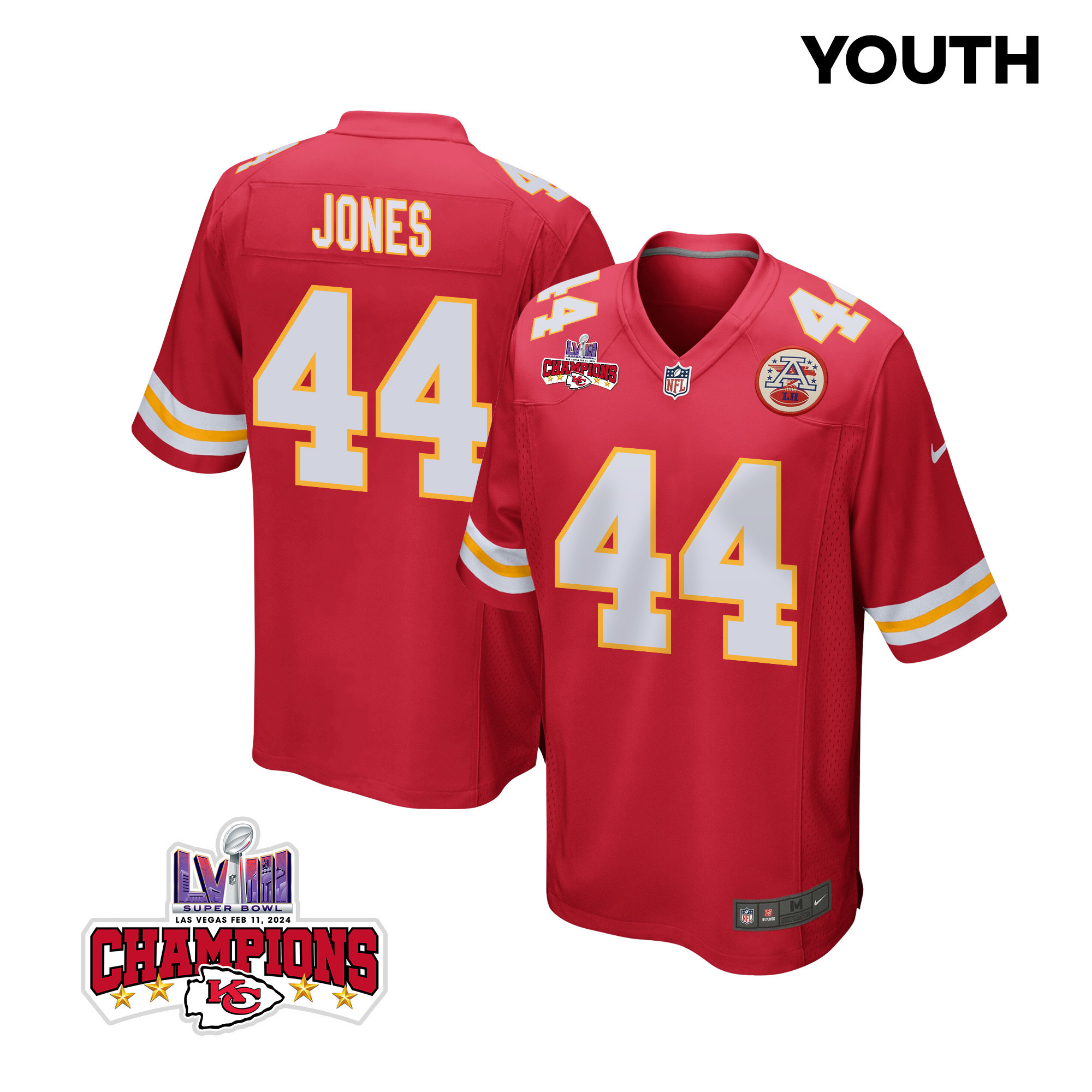 Cam Jones 44 Kansas City Chiefs Super Bowl LVIII Champions 4 Stars Patch Game Red NFL Jersey Youth