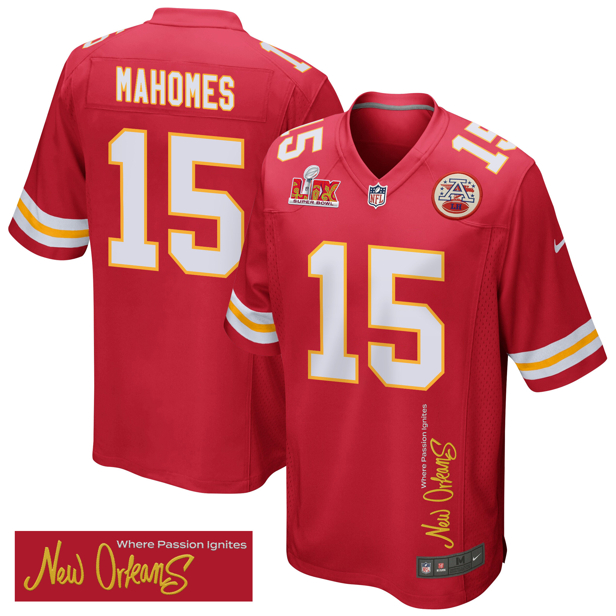 Patrick Mahomes 15 Kansas City Chiefs Super Bowl LIX New Orleans Where Passion Ignites' EMBROIDERED Game Red NFL Jersey Men's