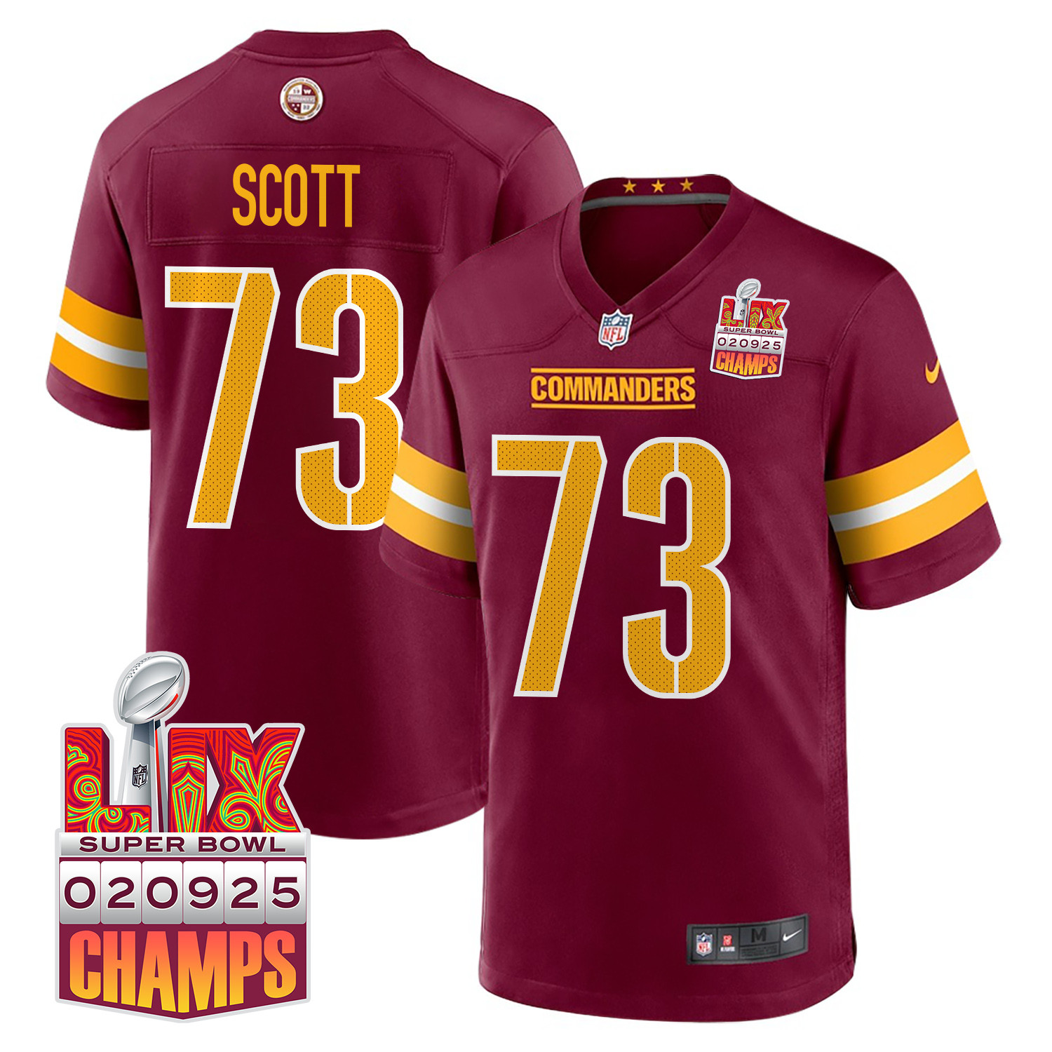 Trent Scott 73 Washington Commanders Super Bowl LIX Champions Patch Game Burgundy NFL Jersey Men's