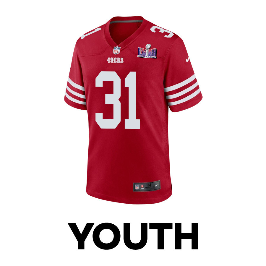Tashaun Gipson Sr. 31 San Francisco 49ers Super Bowl LVIII Patch Game Scarlet NFL Jersey Youth