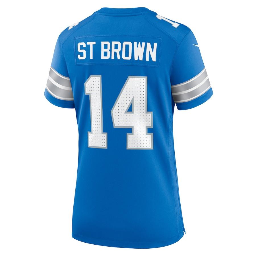 Amon-Ra St. Brown 14 Detroit Lions Team Game Blue NFL Jersey Women's