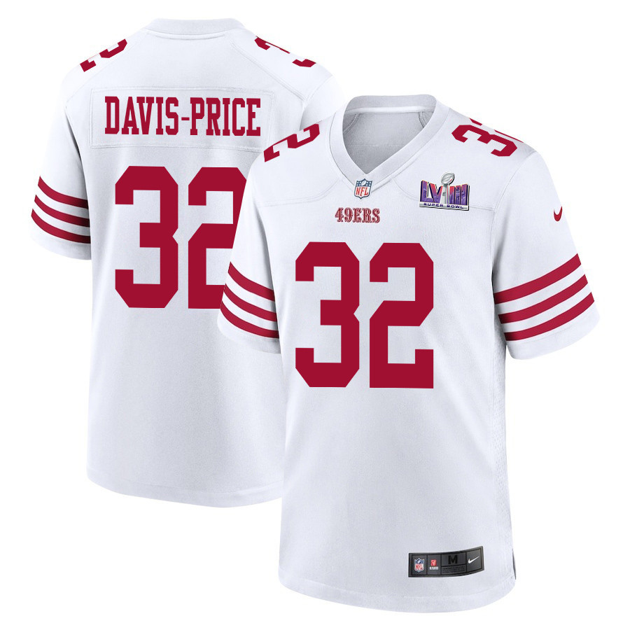 Tyrion Davis-Price 32 San Francisco 49ers Super Bowl LVIII Patch Game White NFL Jersey Men's