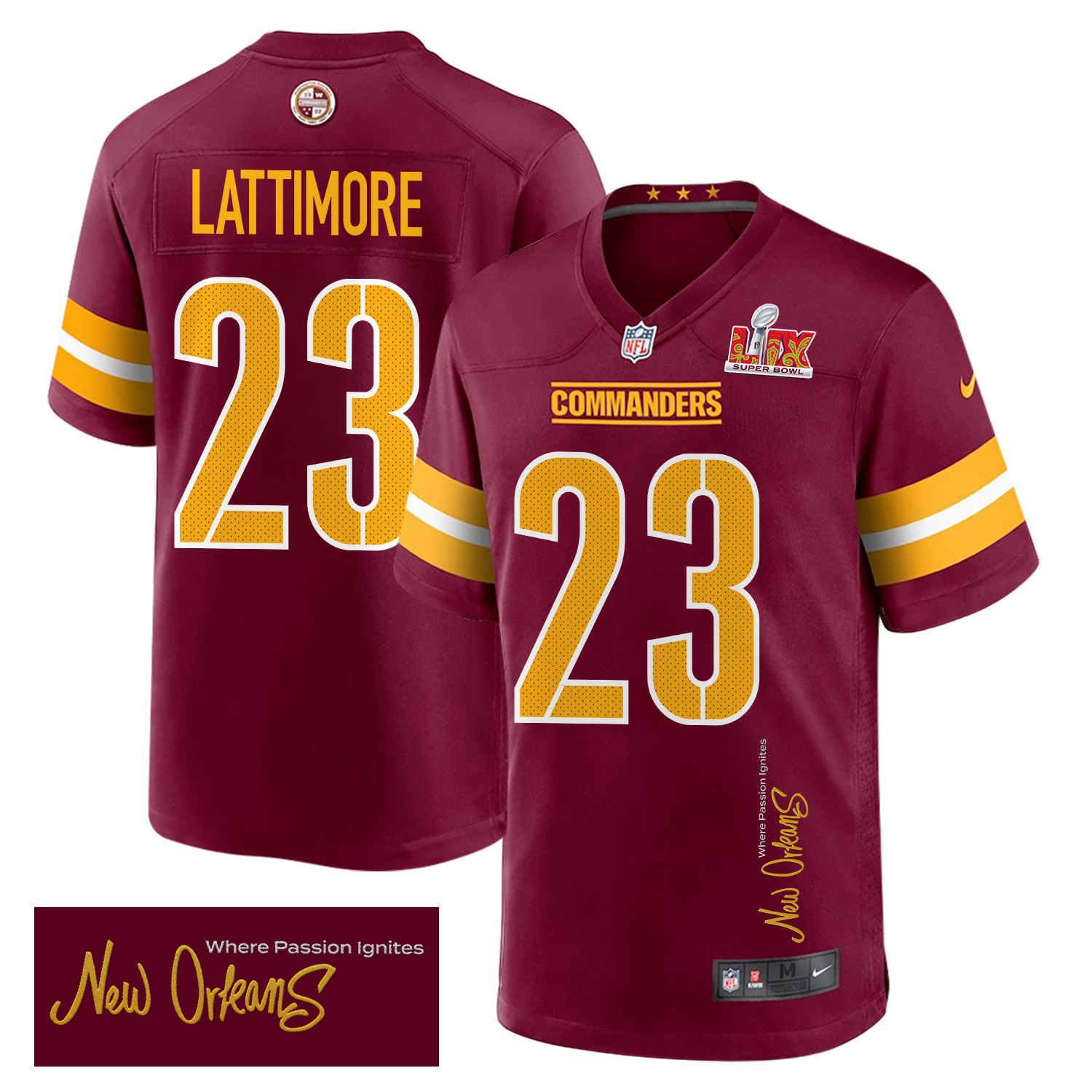 Marshon Lattimore 23 Washington Commanders Super Bowl LIX New Orleans Where Passion Ignites' EMBROIDERED Game Burgundy NFL Jersey Men's