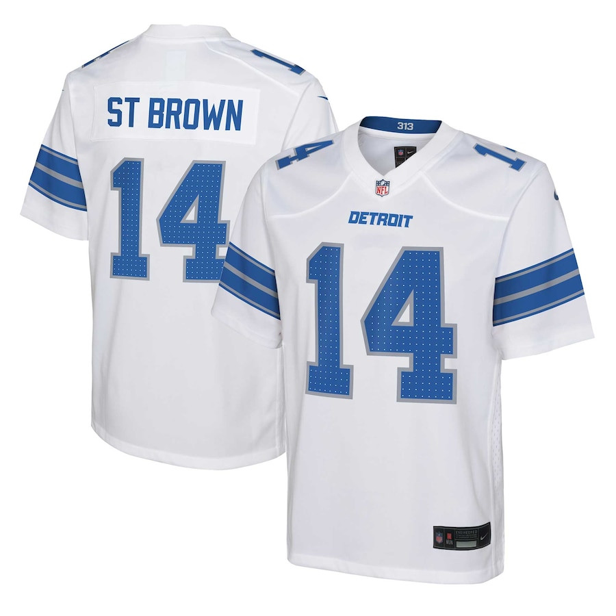 Amon-Ra St. Brown 14 Detroit Lions Player Game White NFL Jersey Youth