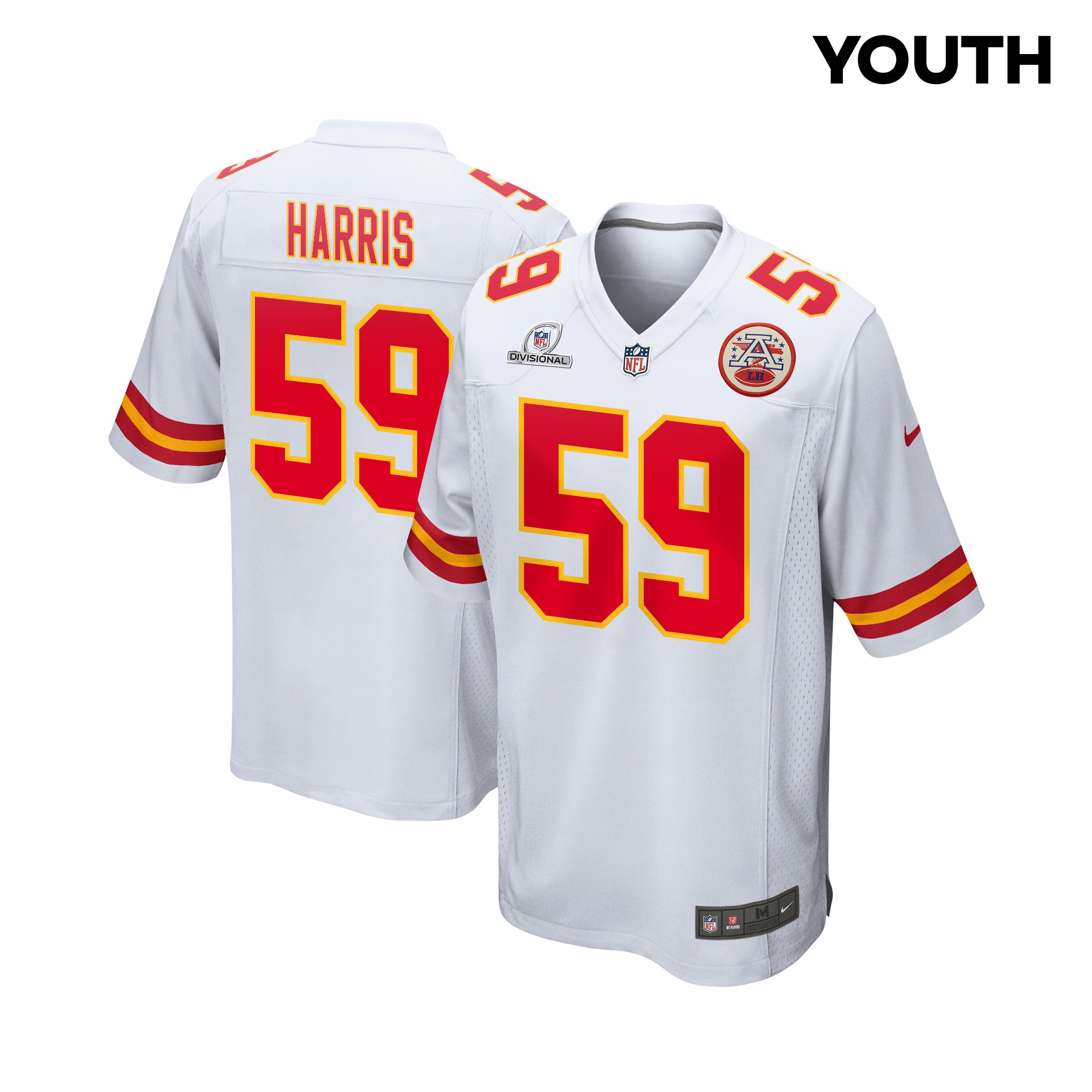 Darius Harris 59 Kansas City Chiefs Super Bowl LVIII Patch Game White NFL Jersey Youth