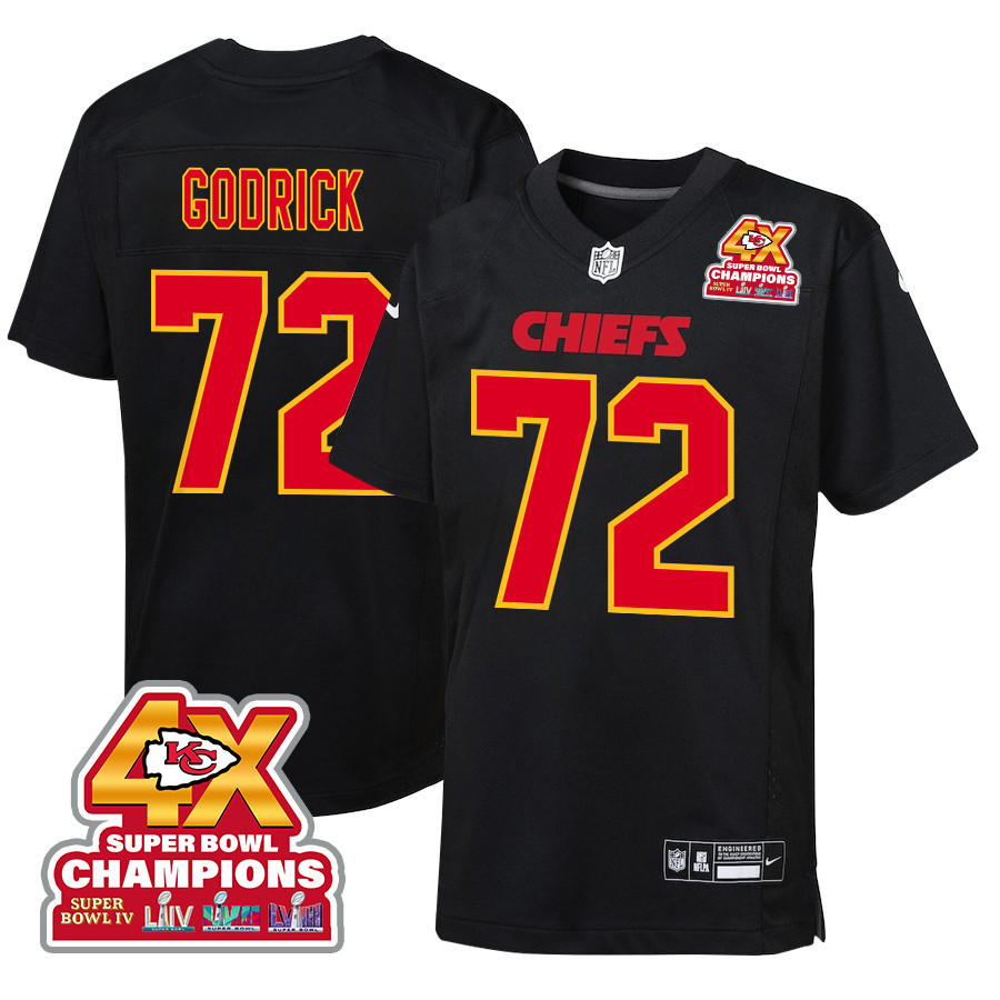 Chukwuebuka Godrick 72 Kansas City Chiefs Super Bowl LVIII Champions 4X Fashion Game Carbon Black NFL Jersey Youth