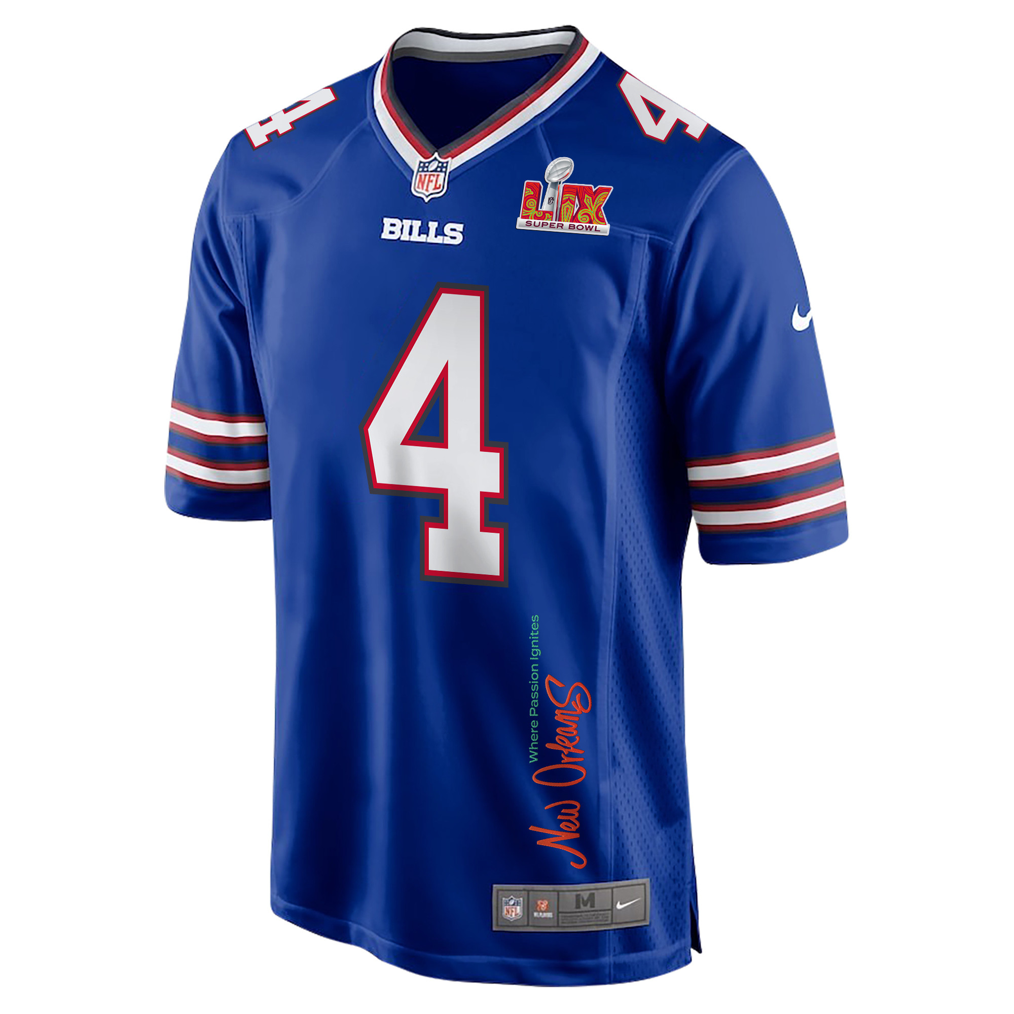 James Cook 4 Buffalo Bills Super Bowl LIX New Orleans Where Passion Ignites' EMBROIDERED Game Royal NFL Jersey Men's