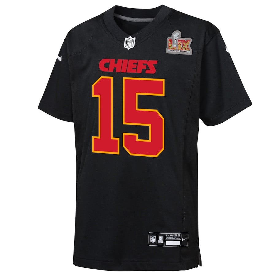 Patrick Mahomes 15 Kansas City Chiefs Super Bowl LIX Patch Fashion Game Carbon Black NFL Jersey Youth