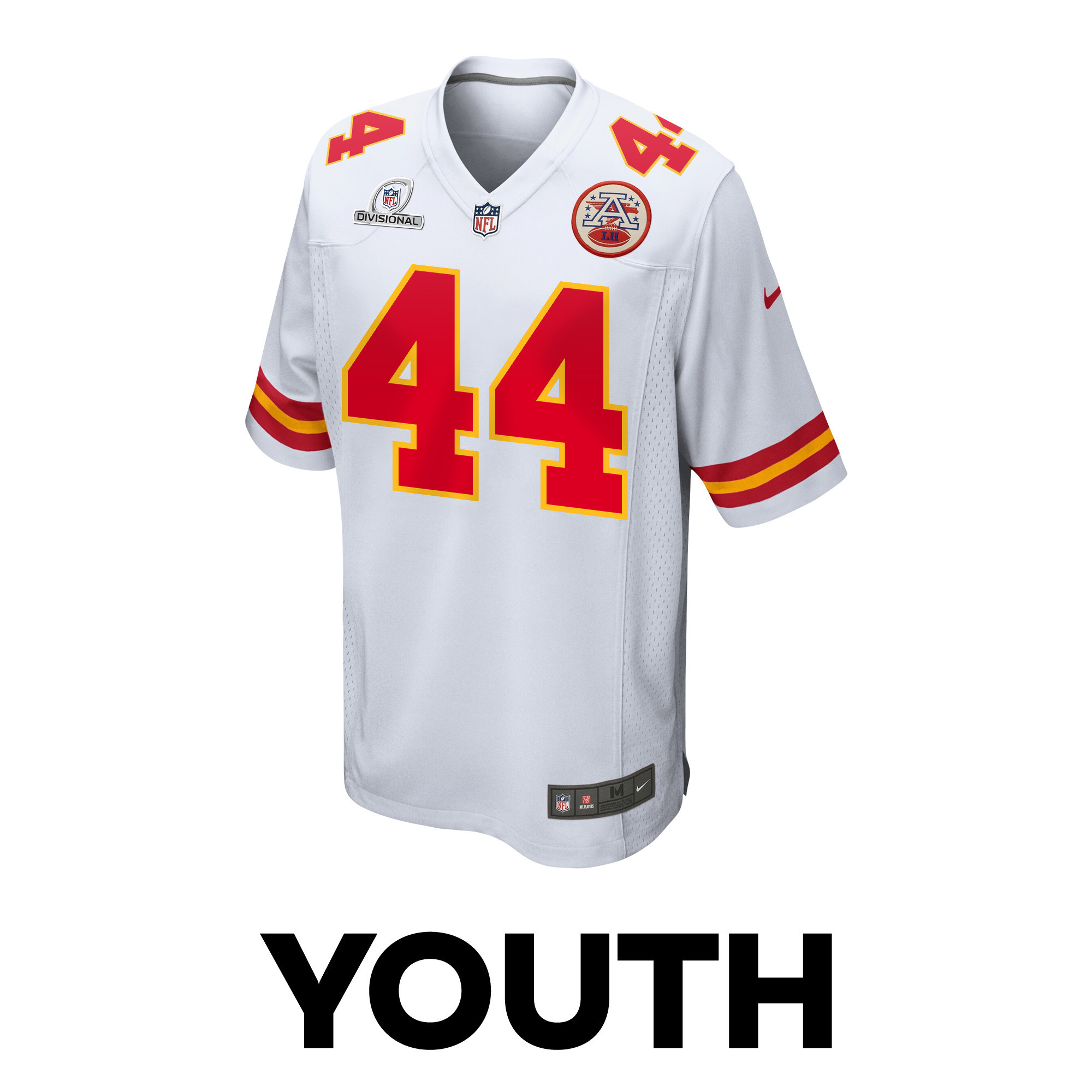 Cam Jones 44 Kansas City Chiefs Super Bowl LVIII Patch Game White NFL Jersey Youth