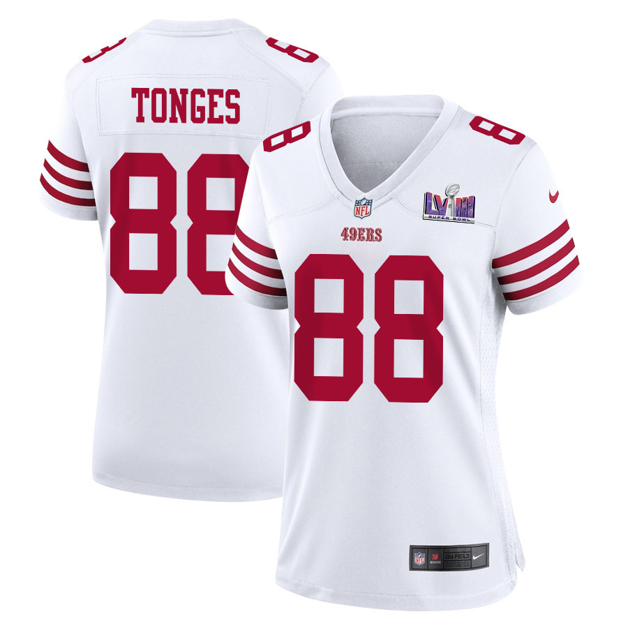 Jake Tonges 88 San Francisco 49ers Super Bowl LVIII Patch Game White NFL Jersey Women's