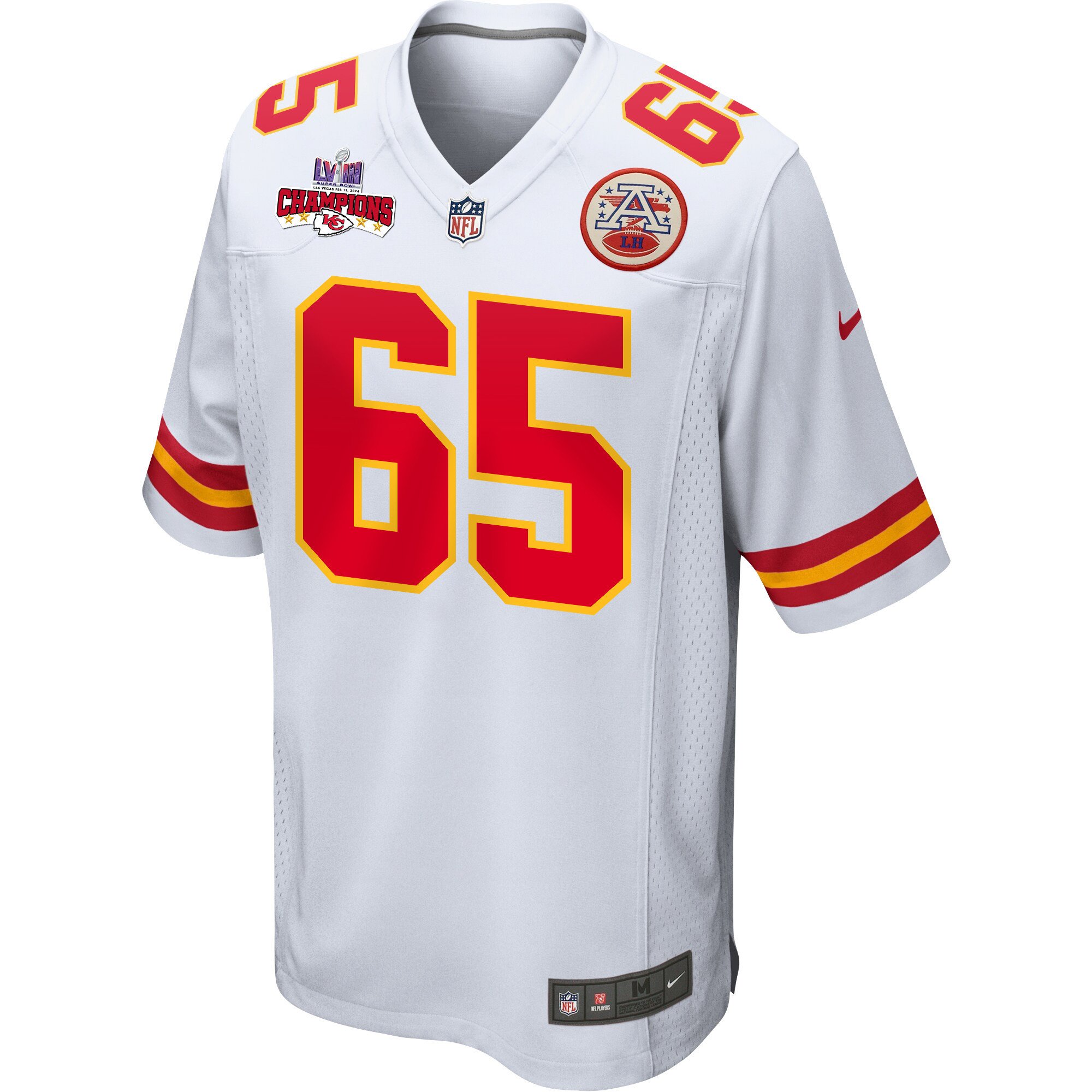 Trey Smith 65 Kansas City Chiefs Super Bowl LVIII Champions 4 Stars Patch Game White NFL Jersey Men's