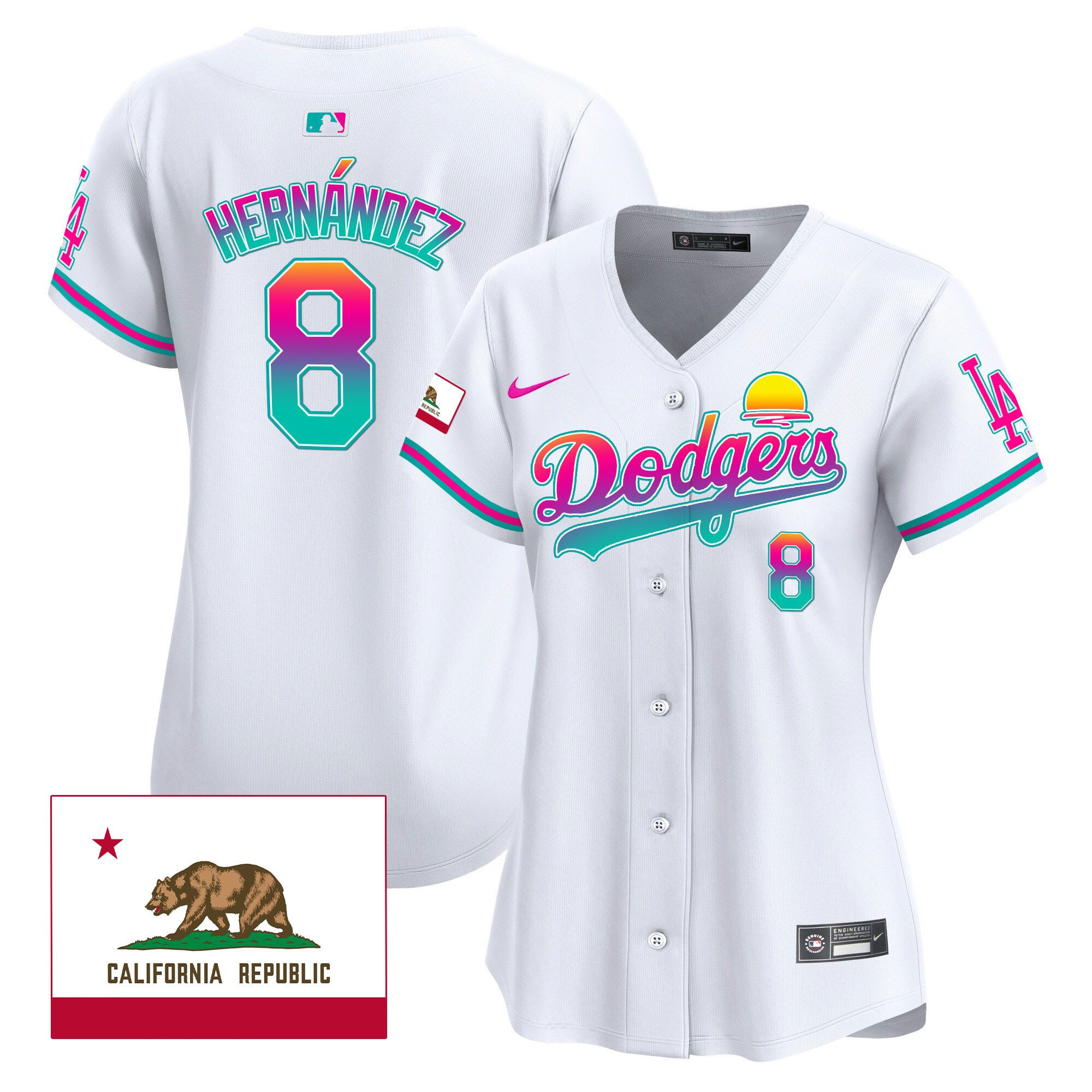 Kike Hernandez 8 Los Angeles Dodgers 2024 Los Angeles City Style California Republic Patch White MLB Jersey Women's