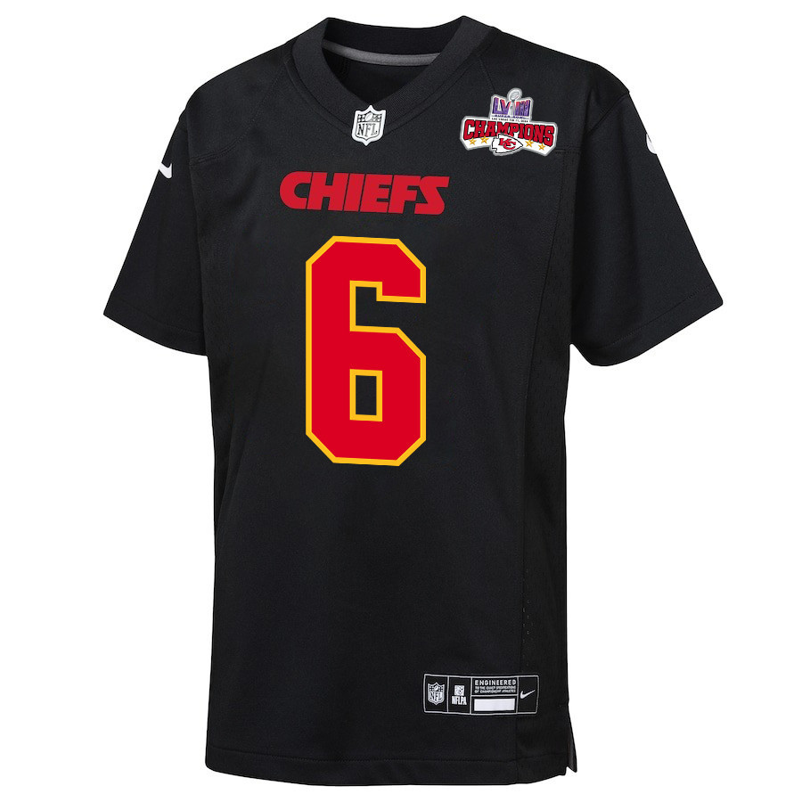 Bryan Cook 6 Kansas City Chiefs Super Bowl LVIII Champions 4 Stars Patch Fashion Game Carbon Black NFL Jersey Youth