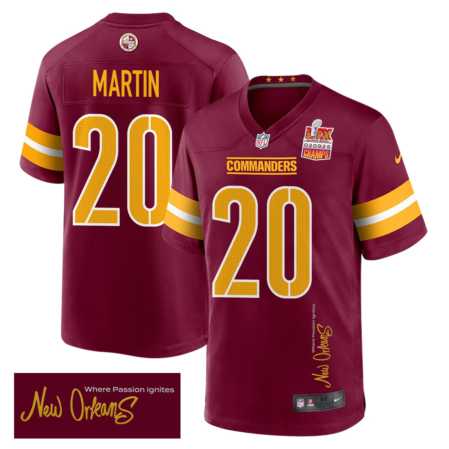 Quan Martin 20 Washington Commanders Super Bowl LIX Champions Patch New Orleans Where Passion Ignites' EMBROIDERED Game Burgundy NFL Jersey Men's