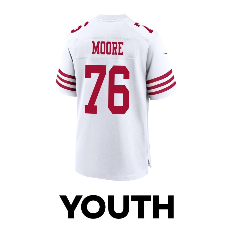Jaylon Moore 76 San Francisco 49ers Super Bowl LVIII Patch Game White NFL Jersey Youth