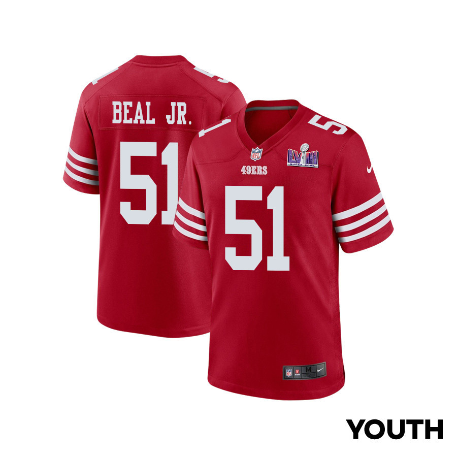 Robert Beal Jr. 51 San Francisco 49ers Super Bowl LVIII Patch Game Scarlet NFL Jersey Youth