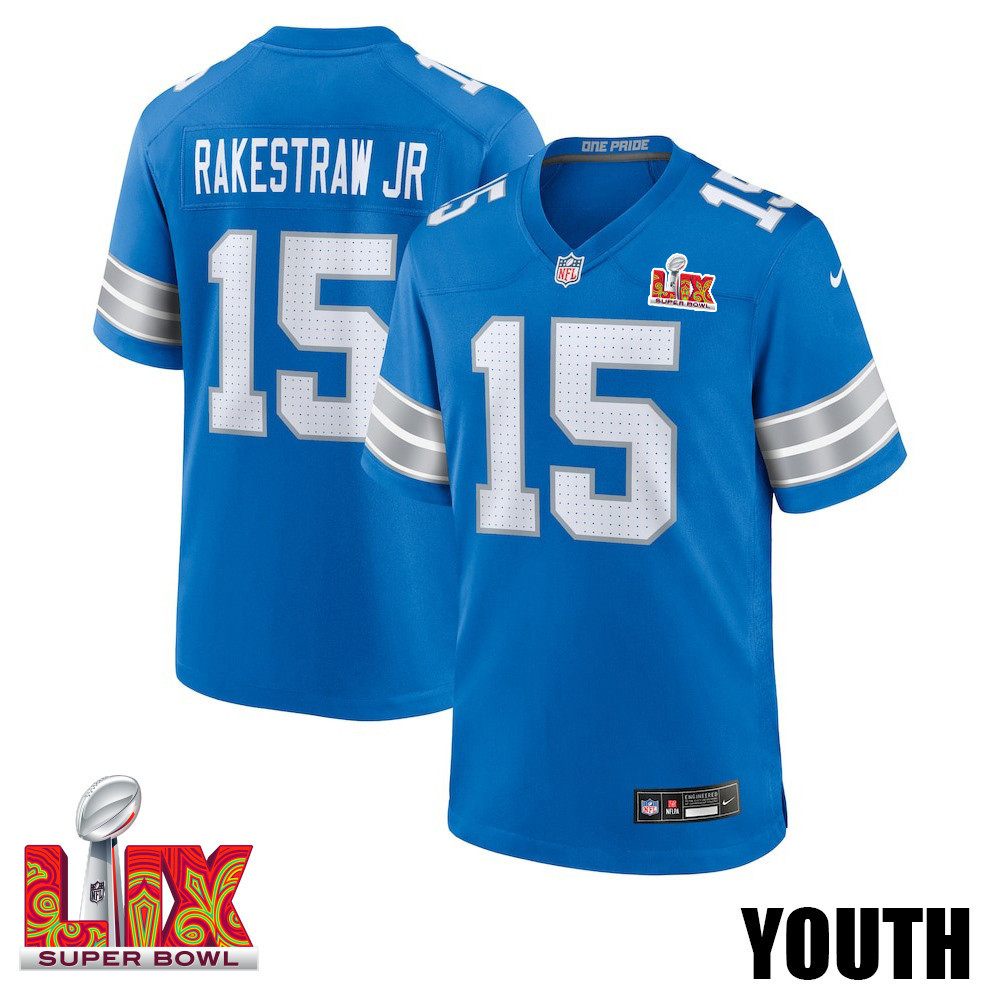 Ennis Rakestraw Jr. #15 Detroit Lions Super Bowl LIX Blue NFL Jersey Youth