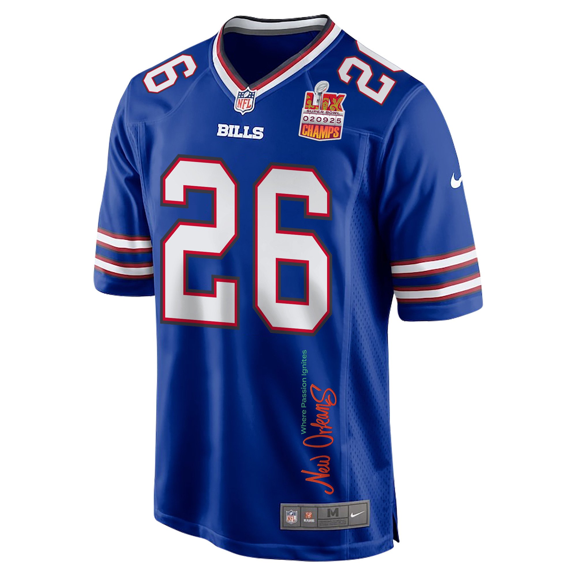 Ty Johnson 26 Buffalo Bills Super Bowl LIX Champions Patch New Orleans Where Passion Ignites' EMBROIDERED Game Royal NFL Jersey Men's