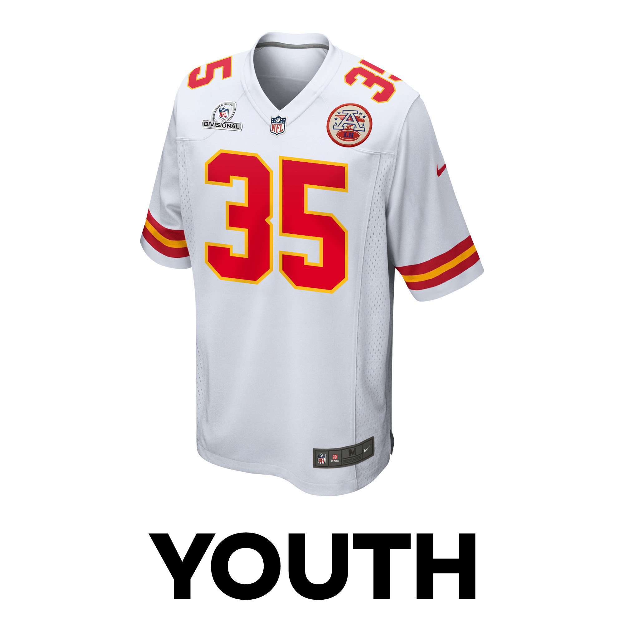 Jaylen Watson 35 Kansas City Chiefs Super Bowl LVIII Patch Game White NFL Jersey Youth