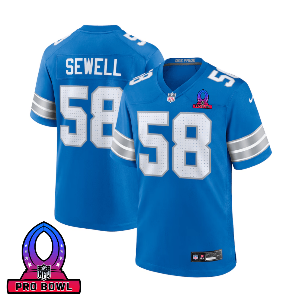 Penei Sewell 58 Detroit Lions 2025 Pro Bowl Patch Game Blue NFL Jersey Men's