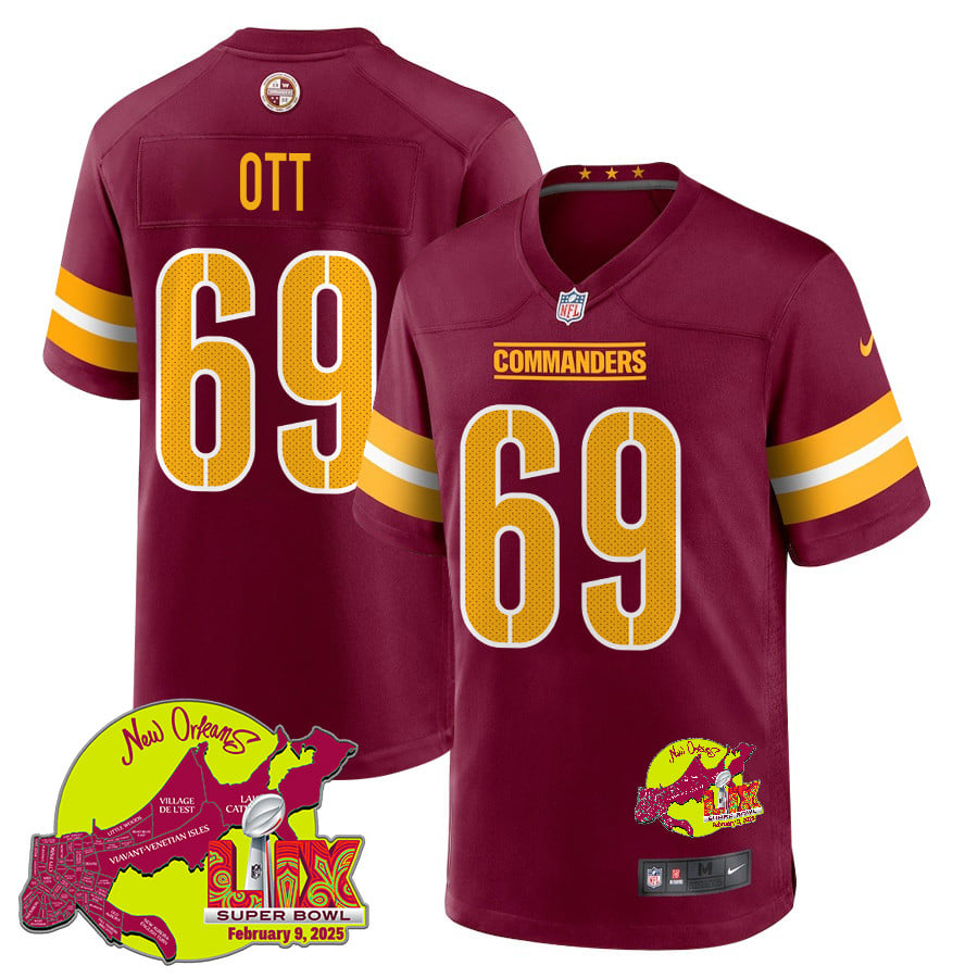 Tyler Ott 69 Washington Commanders Super Bowl LIX New Orleans Patch Game Burgundy NFL Jersey Men's