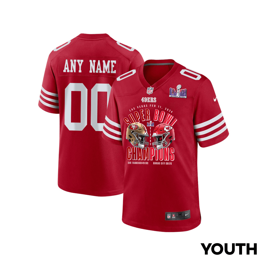 San Francisco 49ers vs. Kansas City Chiefs Super Bowl LVIII Matchup Game Custom Scarlet NFL Jersey Youth