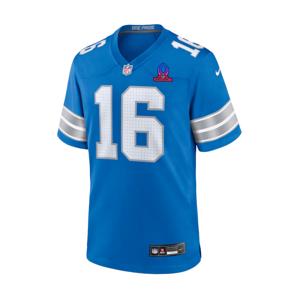 Jared Goff 16 Detroit Lions 2025 Pro Bowl Patch Game Blue NFL Jersey Men's