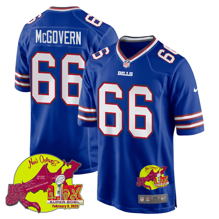 Connor McGovern 66 Buffalo Bills Super Bowl LIX New Orleans Patch Game Royal NFL Jersey Men's
