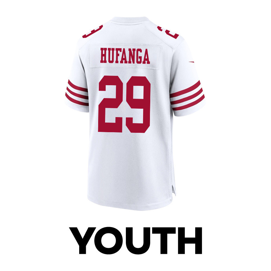 Talanoa Hufanga 29 San Francisco 49ers Super Bowl LVIII Patch Game White NFL Jersey Youth