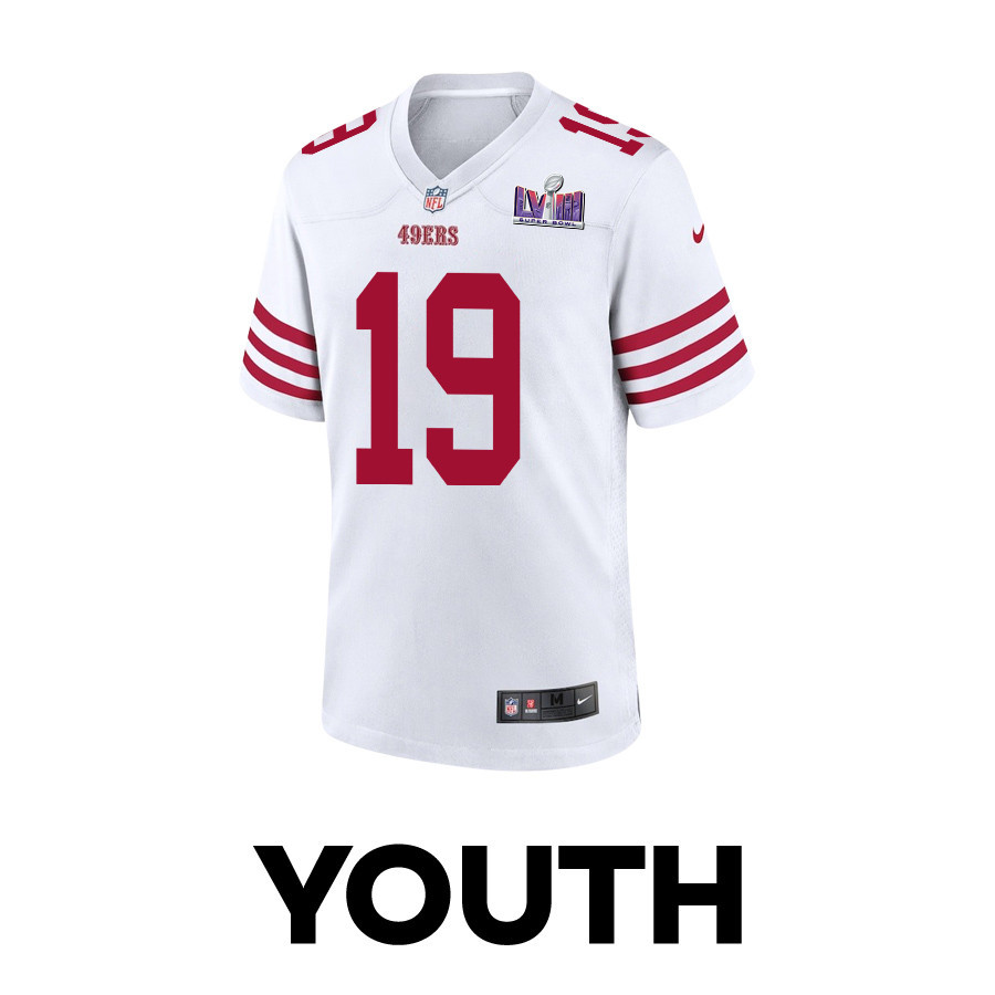 Deebo Samuel 19 San Francisco 49ers Super Bowl LVIII Patch Game White NFL Jersey Youth