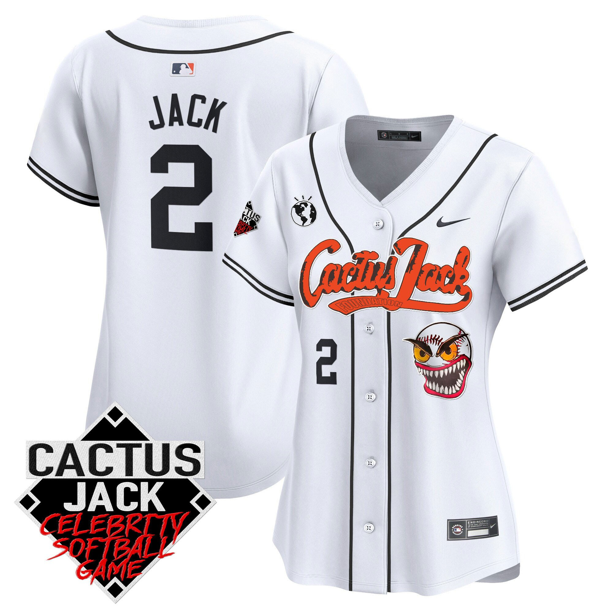 Jack 2 Houston Astros Cactus Jack Celebrity Softball Game Patch White MLB Jersey Women's
