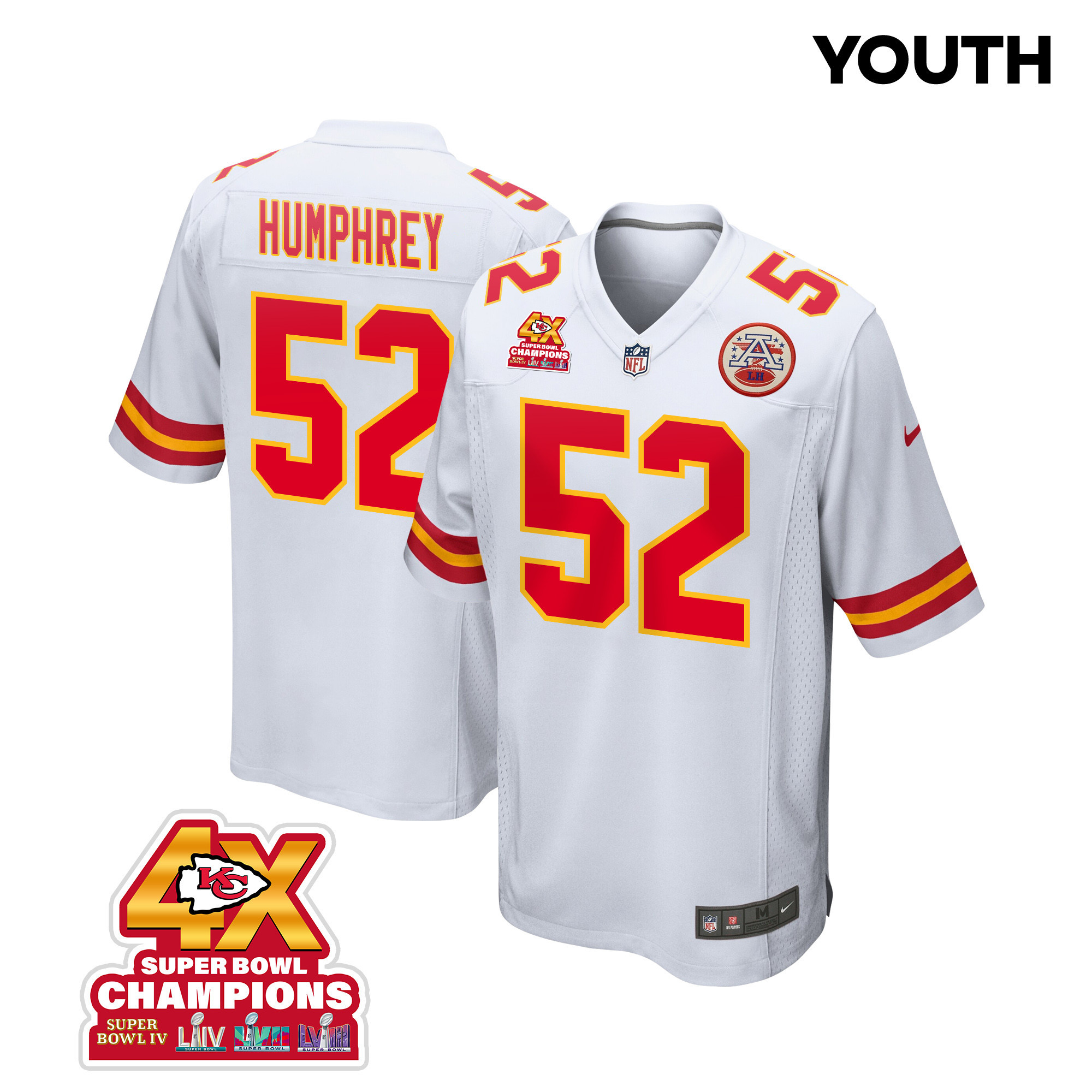 Creed Humphrey 52 Kansas City Chiefs Super Bowl LVIII Champions 4X Game White NFL Jersey Youth