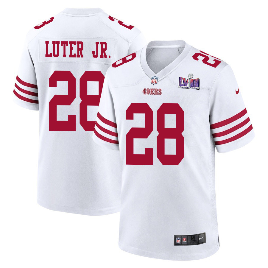 Darrell Luter Jr. 28 San Francisco 49ers Super Bowl LVIII Patch Game White NFL Jersey Men's