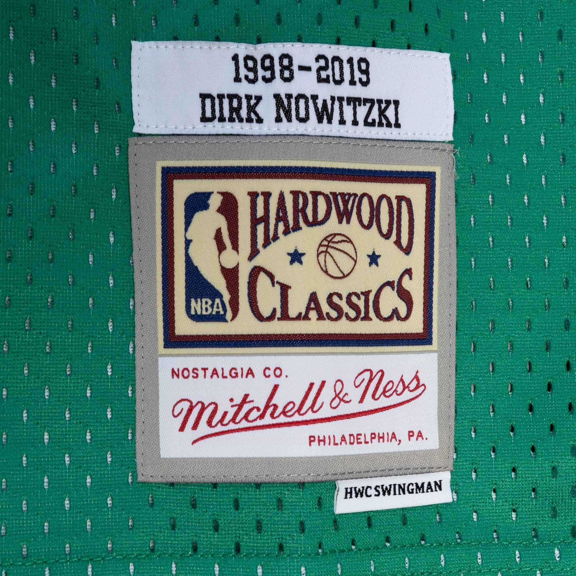 Mitchell Ness Dirk Nowitzki Blue/Green Dallas Mavericks Hardwood Classics 1998/2019 Split Swingman NBA Jersey Men's