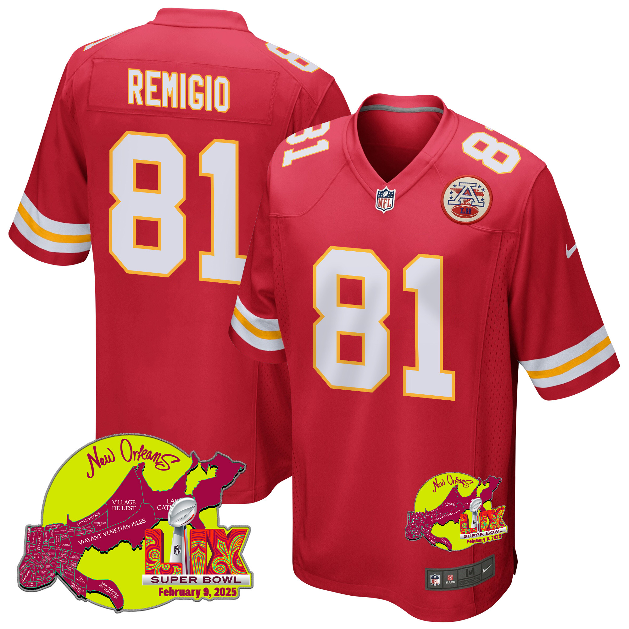 Nikko Remigio 81 Kansas City Chiefs Super Bowl LIX New Orleans Patch Game Red NFL Jersey Men's