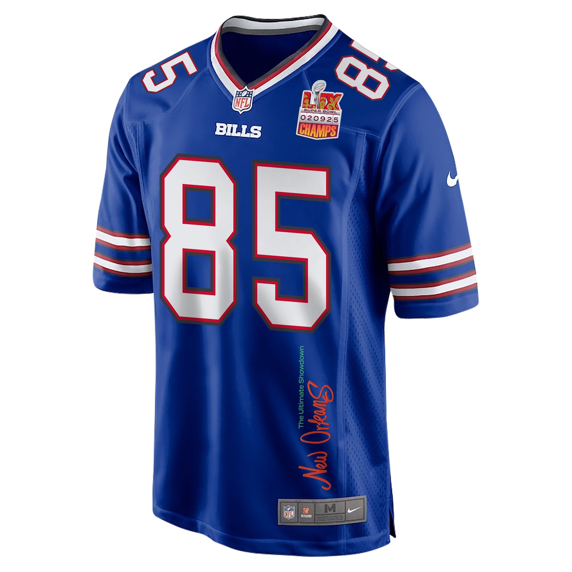 Quintin Morris 85 Buffalo Bills Super Bowl LIX Champions Patch New Orleans The Ultimate Showdown' EMBROIDERED Game Royal NFL Jersey Men's