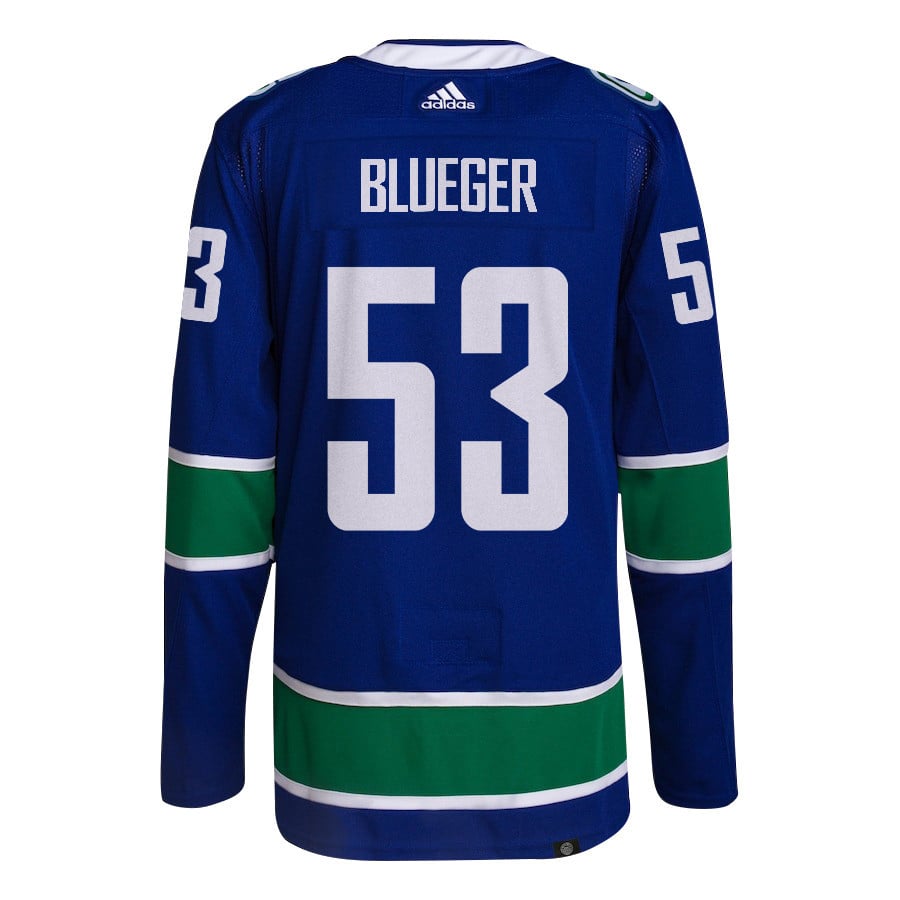 Teddy Blueger 53 Vancouver Canucks 2024 Playoffs Patch Home Blue NHL Jersey Men's